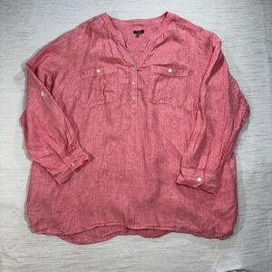 Talbots 2X 100% Linen Top Tunic Button Down‎ Convertible Sleeve Coral Pink